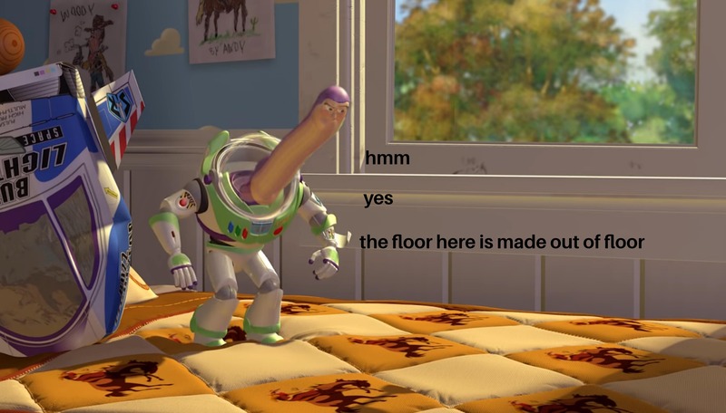 A meme featuring Buzz Lightyear with a comically stretched-out face looking down at a quilted blanket.